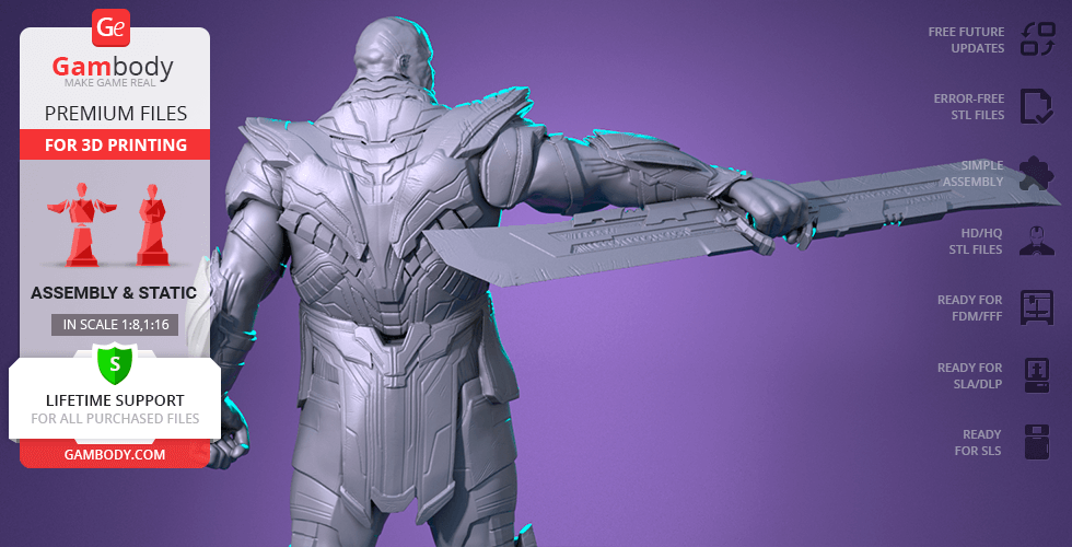 A detailed 3D model of Thanos in armor, holding a large sword, designed for 3D printing.