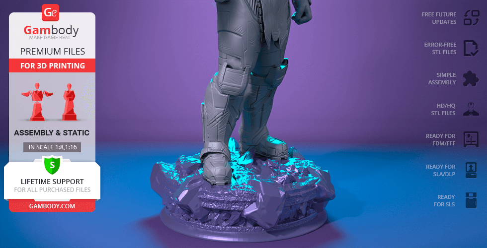 3D model of a detailed armored figure standing on a rocky base, designed for 3D printing.