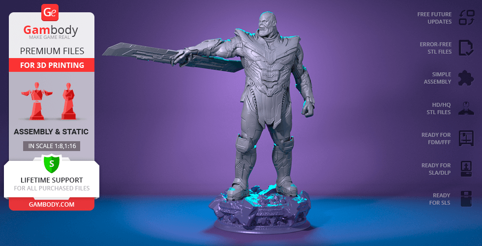 3D model of a powerful armored figure with a large blade, standing on a rocky base.