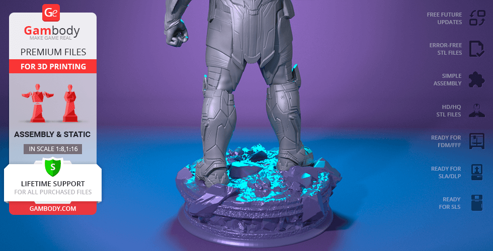 A 3D model of armored legs standing on a rocky base, intended for 3D printing.