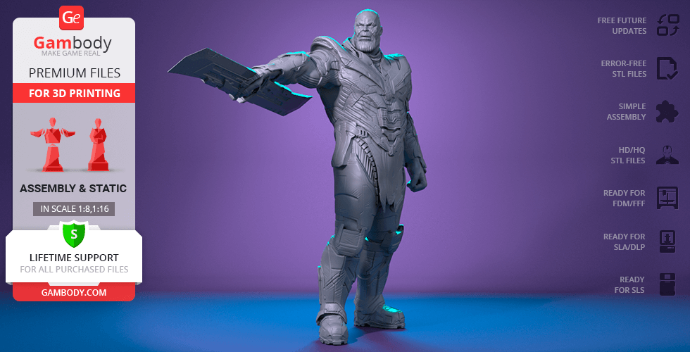 A 3D model of a muscular, armored figure holding a large weapon, ready for 3D printing.