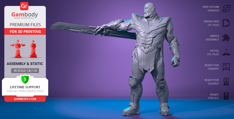 3D model of a powerful armored figure holding a large double-edged weapon, posed confidently.