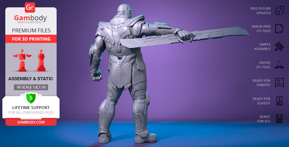 3D model of an armored character with a large sword, ready for 3D printing.