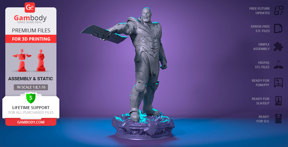 3D model statue of Thanos in battle armor holding a double-edged weapon on a rocky base.