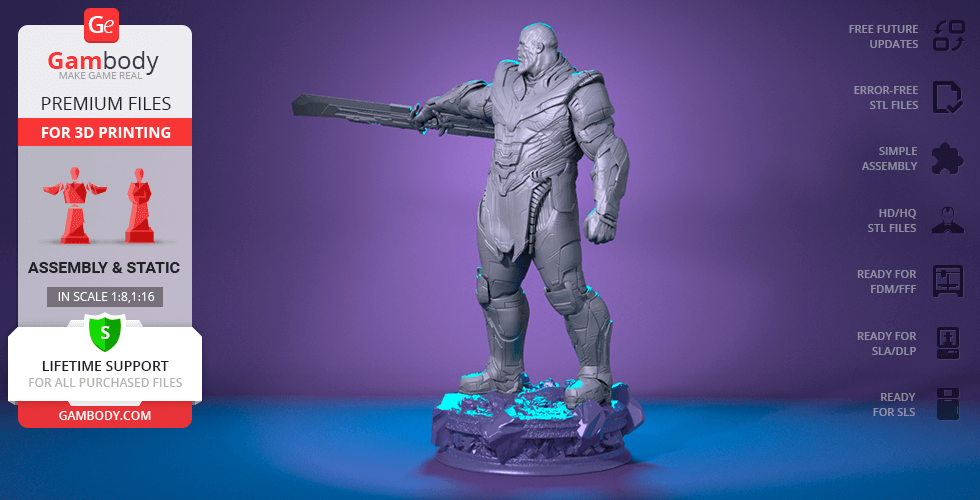 A 3D printable model of an armored figure with a large sword, standing on a textured base.