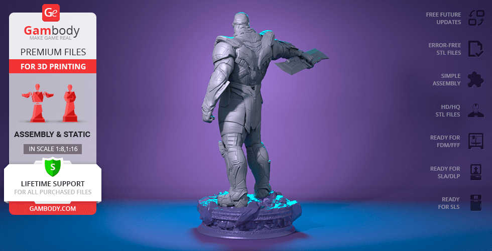 Thanos 3D model in battle armor, holding a large blade, on a detailed base.