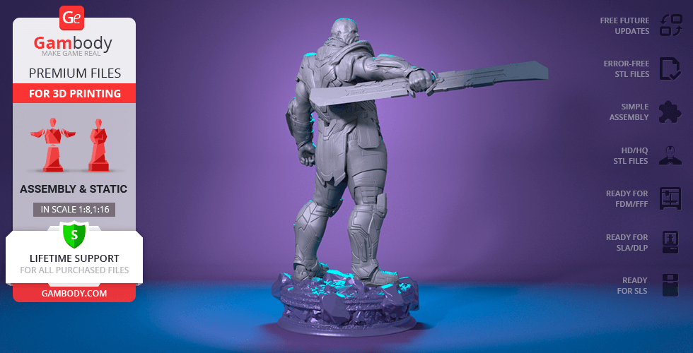 A 3D printed model of a muscular figure holding a large sword, standing on a rocky base.