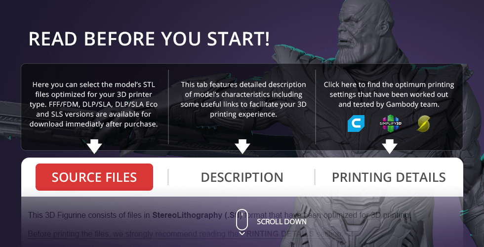 3D model of Thanos from Endgame for printing, with options for files, description, and printing details.