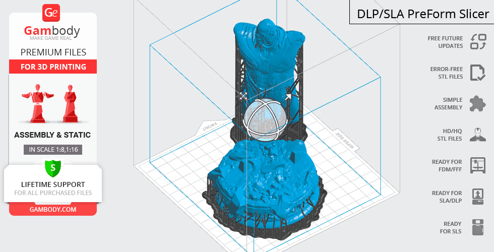 3D model of a muscular figure in dynamic pose on a round base, designed for printing with support structures.