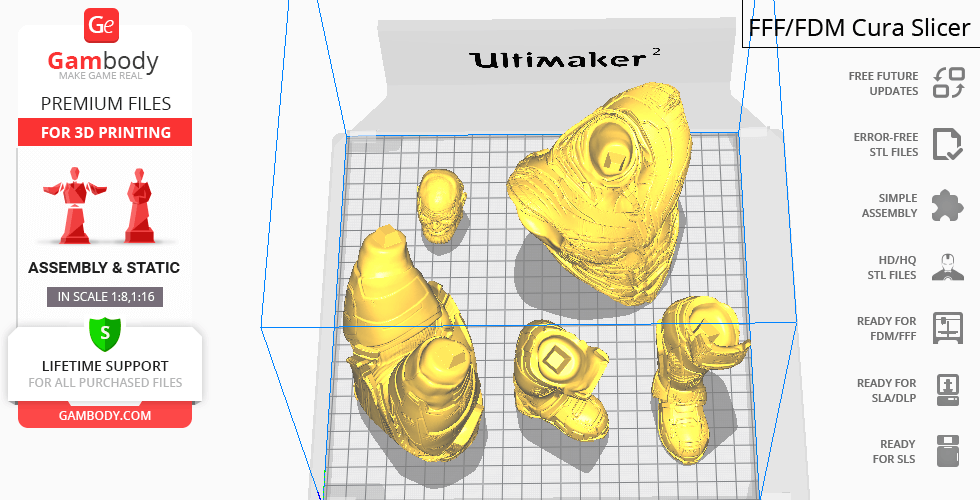 3D print preview of Thanos model parts arranged on a virtual print bed using Cura slicer software.