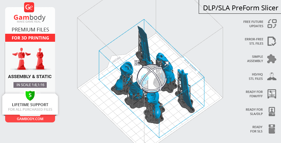 3D printing slicer view of Thanos from Endgame, showing model pieces arranged for print preparation.