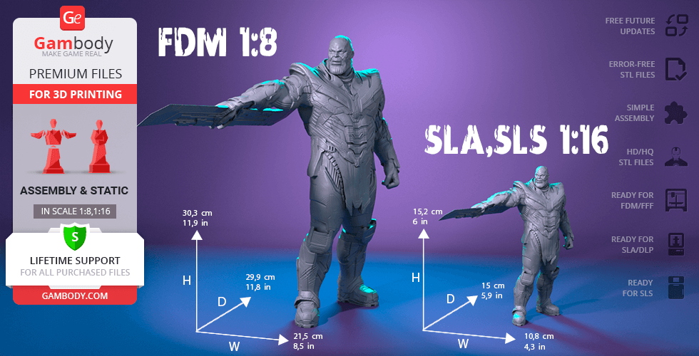 3D printed model of a towering armored figure with a weapon, available in two scales: 1:8 and 1:16.
