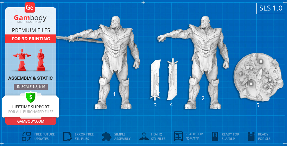 3D model of a warrior in armor with a weapon and base, shown in multiple views for 3D printing preparation.