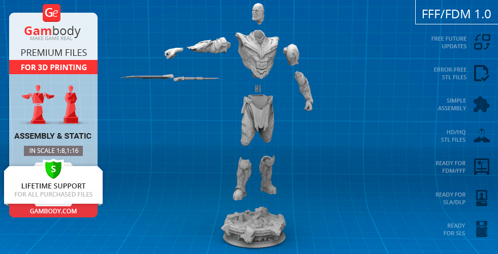 A 3D printable model of Thanos from Endgame, disassembled into parts for assembly.