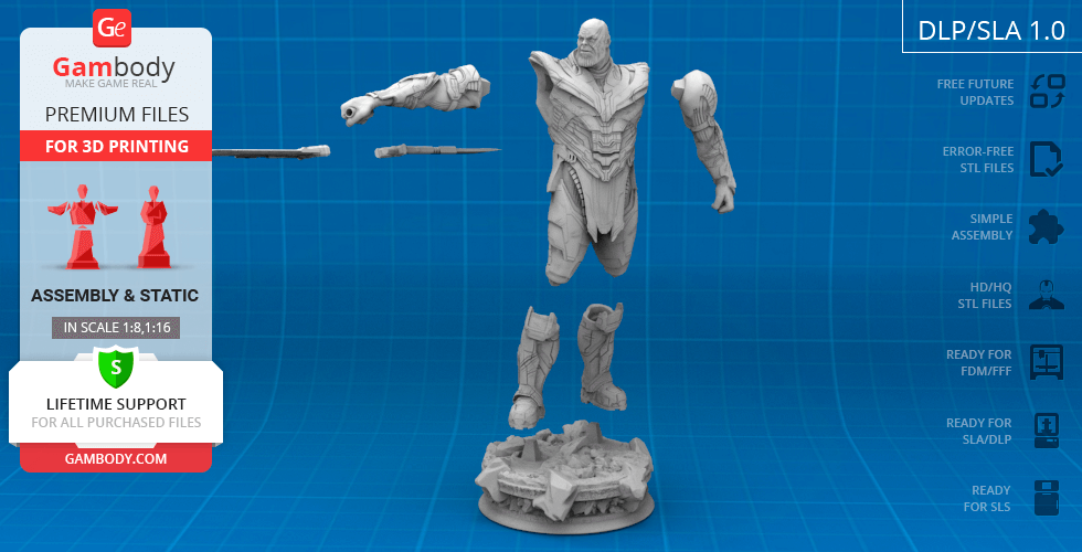 3D model of a powerful armored figure with a gauntlet, designed for 3D printing assembly.