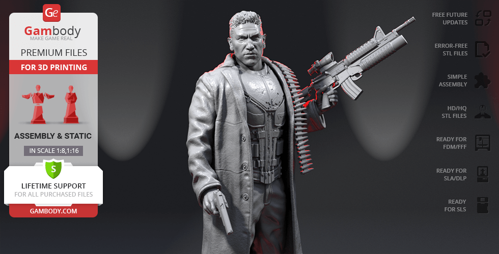 A 3D model of a rugged character in a trench coat holding a large firearm, designed for 3D printing.
