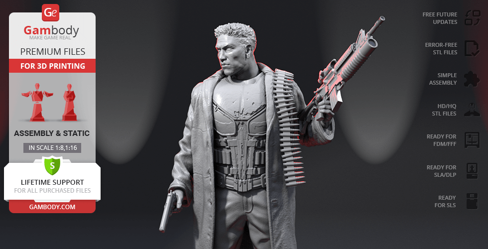 A 3D model of an armored character with a trench coat, holding a large rifle and ammo belt slung over shoulder.