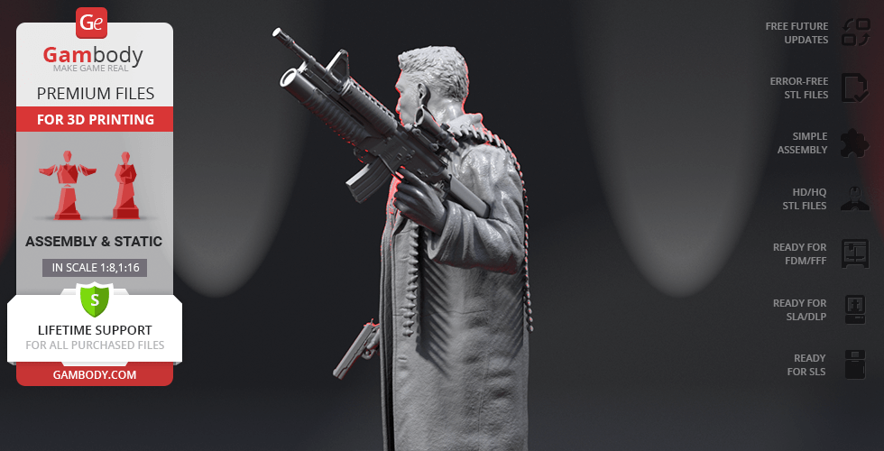 A 3D model of a vigilante in a coat holding a large rifle, designed for 3D printing.