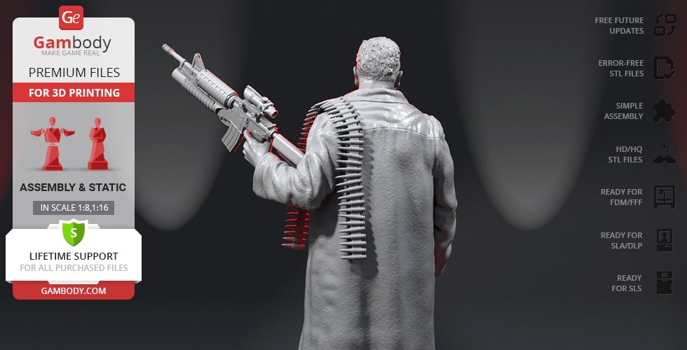 A 3D model of a rugged figure in a coat, holding a rifle, ready for printing.