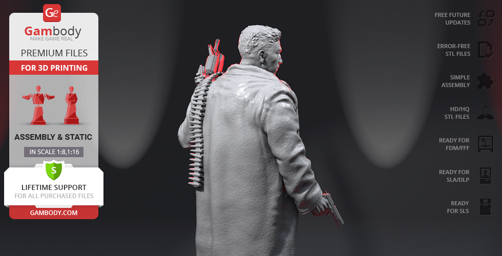 A 3D model of a figure in a trench coat holding a gun, designed for 3D printing.