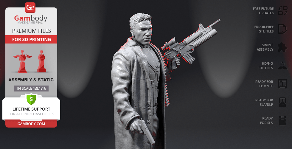 A 3D printed model of a rugged figure in a coat, holding a large rifle, designed for detailed assembly.