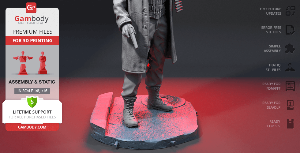 3D model of a figure in a coat holding a gun, standing on a detailed base for printing.