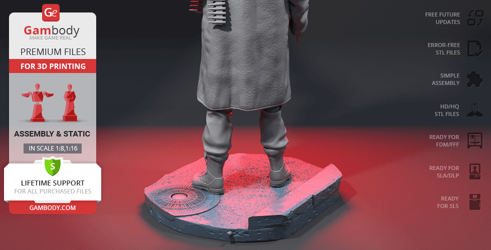 A 3D model of a character in a coat standing on a hexagonal base, ready for 3D printing.