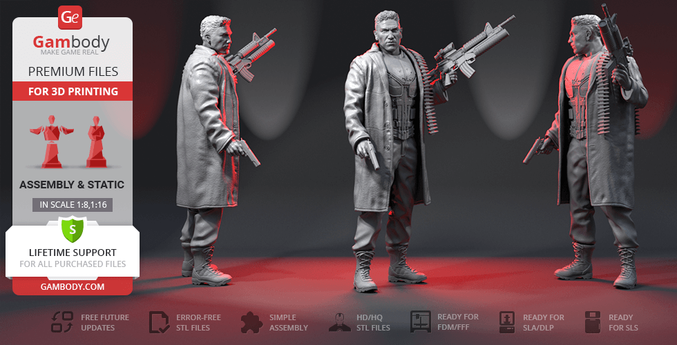 A 3D model of a tough-looking man in a coat, holding large firearms, suitable for 3D printing.
