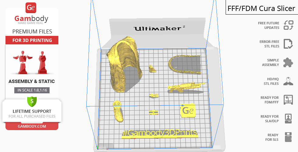 3D printing layout for The Punisher model parts in Cura slicer software, displayed on Ultimaker printer.
