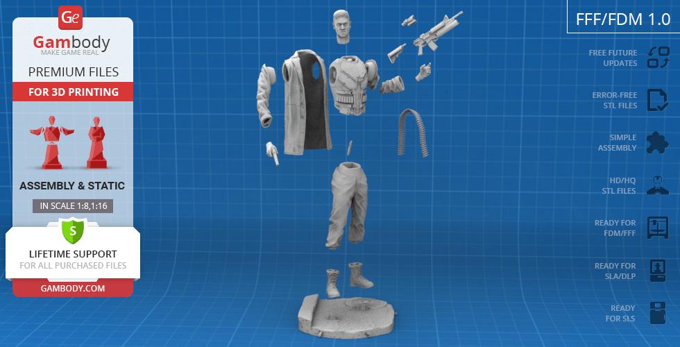 A 3D model of a superhero figure in separate parts for assembly, including head, torso, arms, legs, and weapons.