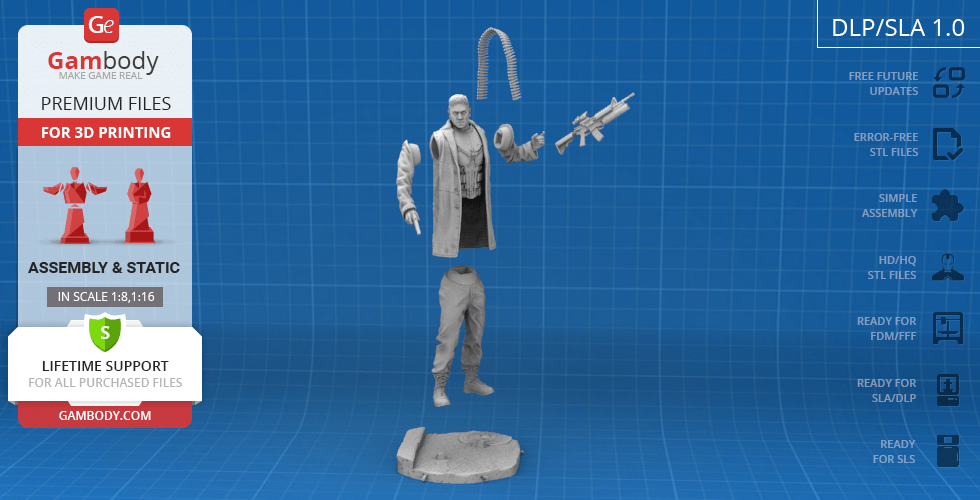 A 3D printable model of a muscular character holding a rifle, dressed in a long coat with tactical gear.