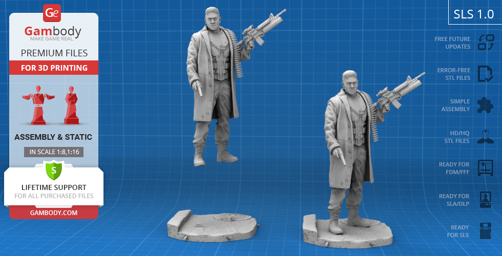 3D printed model of a vigilante character in a coat holding a large weapon, displayed on a circular base.