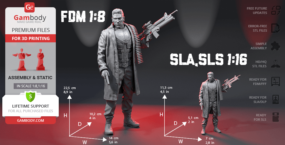 3D model of a man with a large gun, wearing a long coat. Available in 1:8 and 1:16 scales for printing.