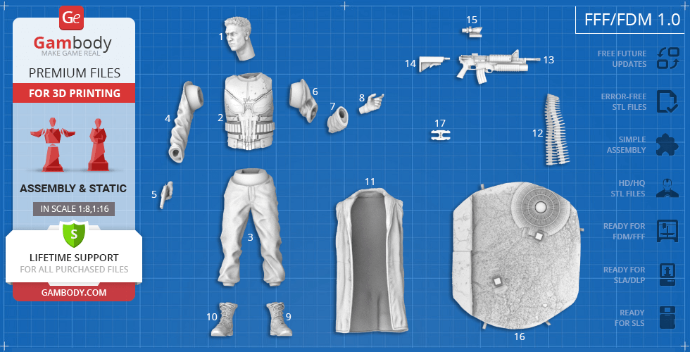 3D model parts of The Punisher, including torso, limbs, head, weapons, vest, and base for assembly.