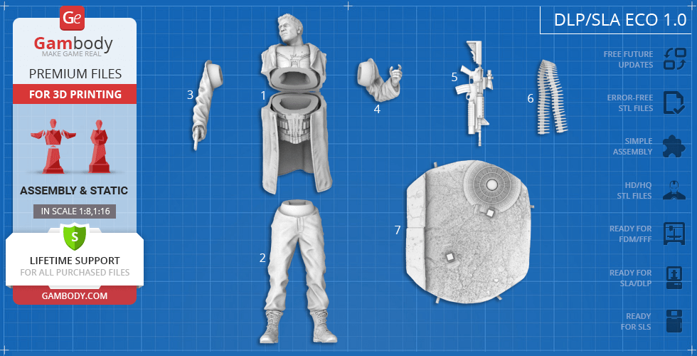 3D model parts of a character for printing, including torso, legs, arms, weapon, and base.