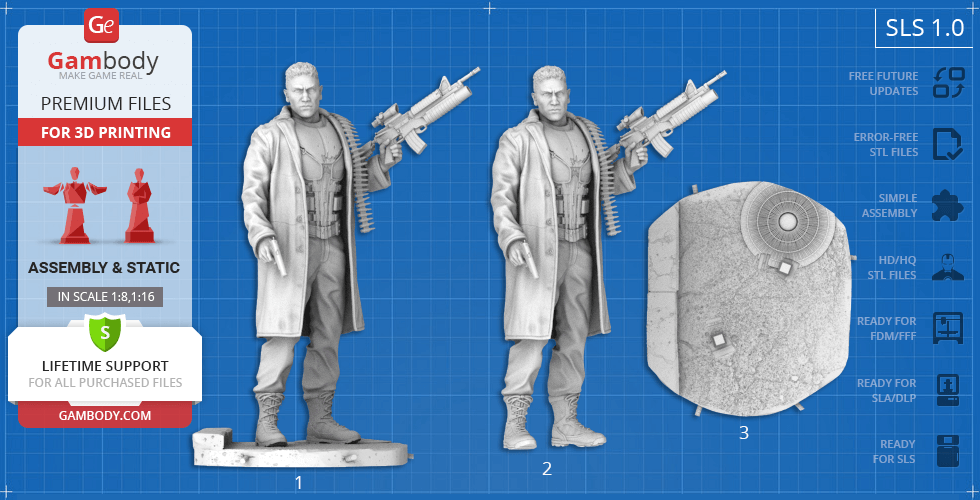A 3D printable model of a man in a trench coat holding a rifle, shown with detailed assembly parts.