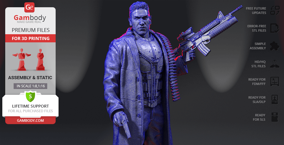 A detailed 3D model of a vigilante character with a rifle, wearing a trench coat, for 3D printing.