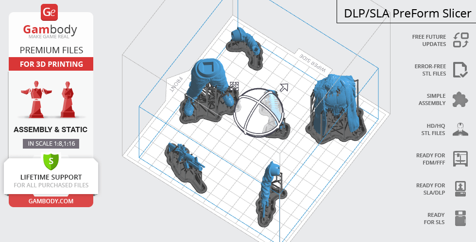 3D model parts of The Punisher, prepared for printing, displayed on a slicer software interface.