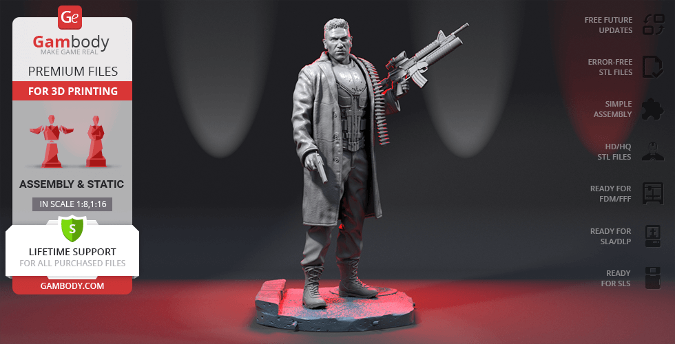 A 3D model of a rugged figure in a trench coat holding a large gun on a circular base.