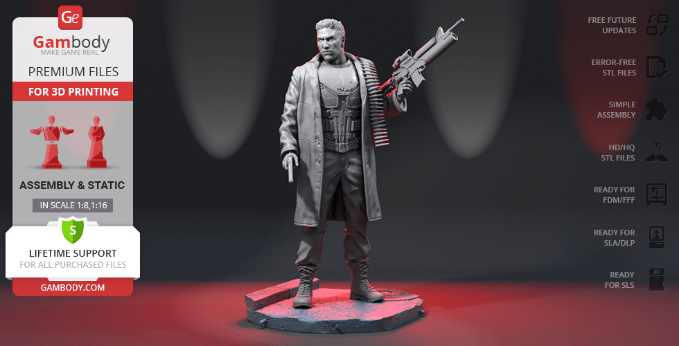 A 3D model of a rugged man holding a large gun, wearing a long coat, standing on a round base.
