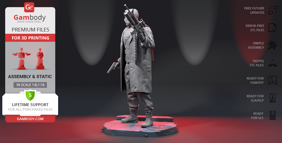 A 3D model of a rugged figure in a coat holding a gun and walking confidently, designed for 3D printing.