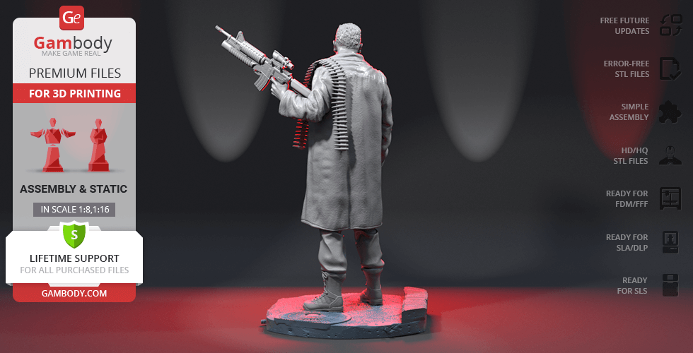 A 3D model depicts a rugged character with a rifle and ammo belt, standing on a detailed base.