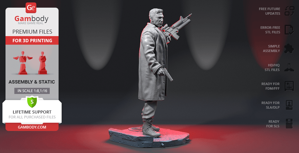 A detailed 3D model of a man in a long coat holding a large firearm, set on a textured base.