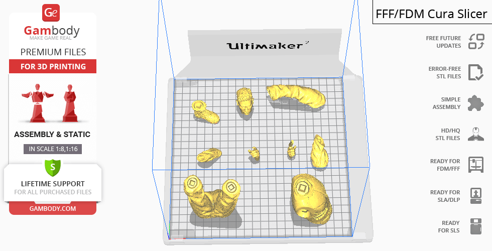 3D model parts of a character for printing are arranged on a grid in Cura Slicer software.
