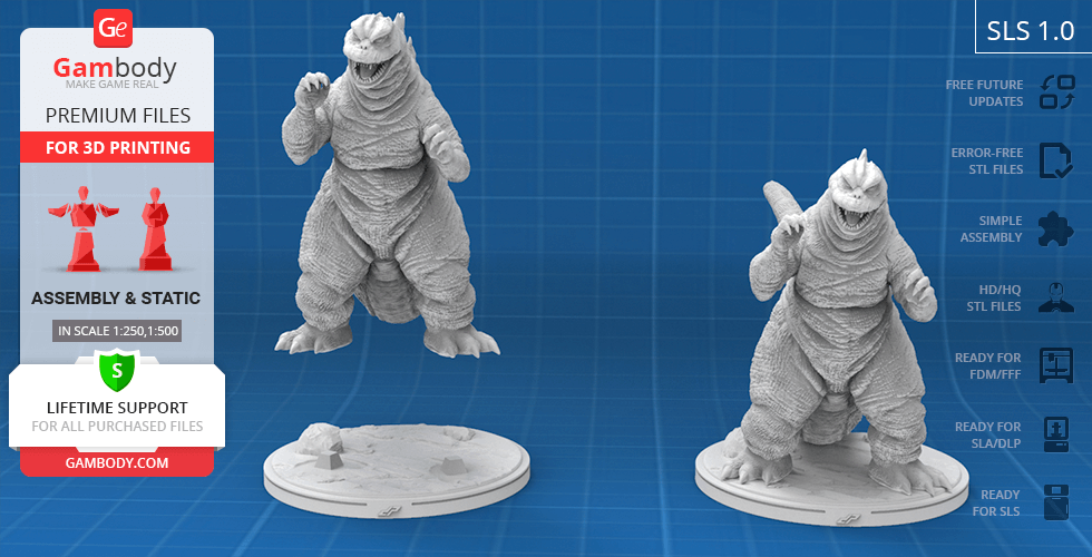 3D model of Godzilla in a dynamic pose on display base, ready for 3D printing with assembly options.