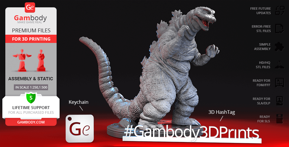 3D printed model of Godzilla in a dynamic pose, highlighting textured skin and tail.