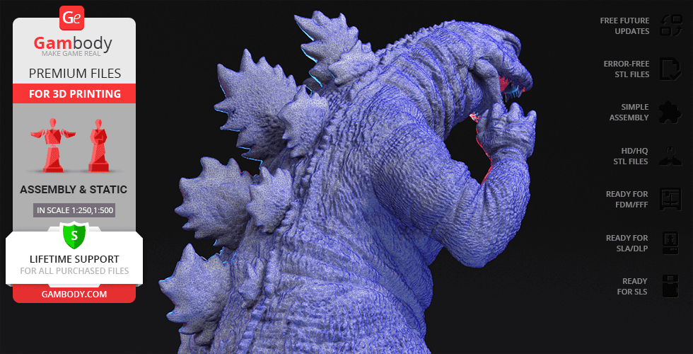 3D printable model of Godzilla, detailed texture, ready for assembly.