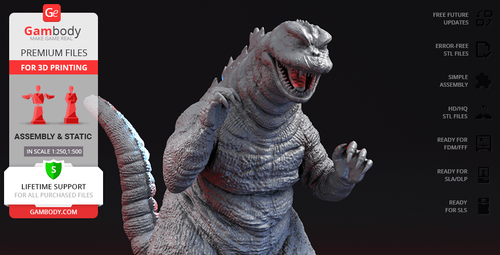3D model of Godzilla, textured with detailed scales, posed standing with open mouth and raised claws.
