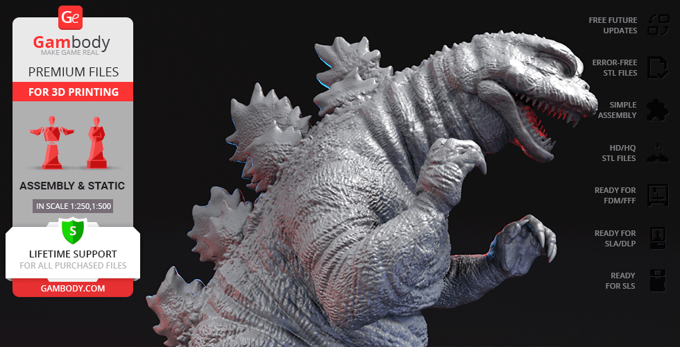 A detailed 3D printed Godzilla model, showcasing its textured skin and iconic spikes.