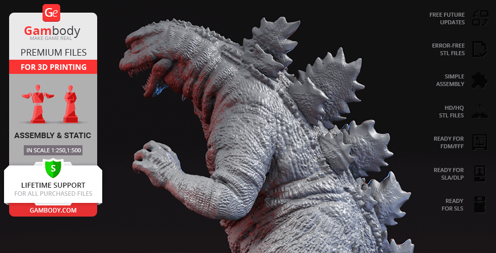 3D model of Godzilla, detailed texture and spikes, ready for 3D printing.